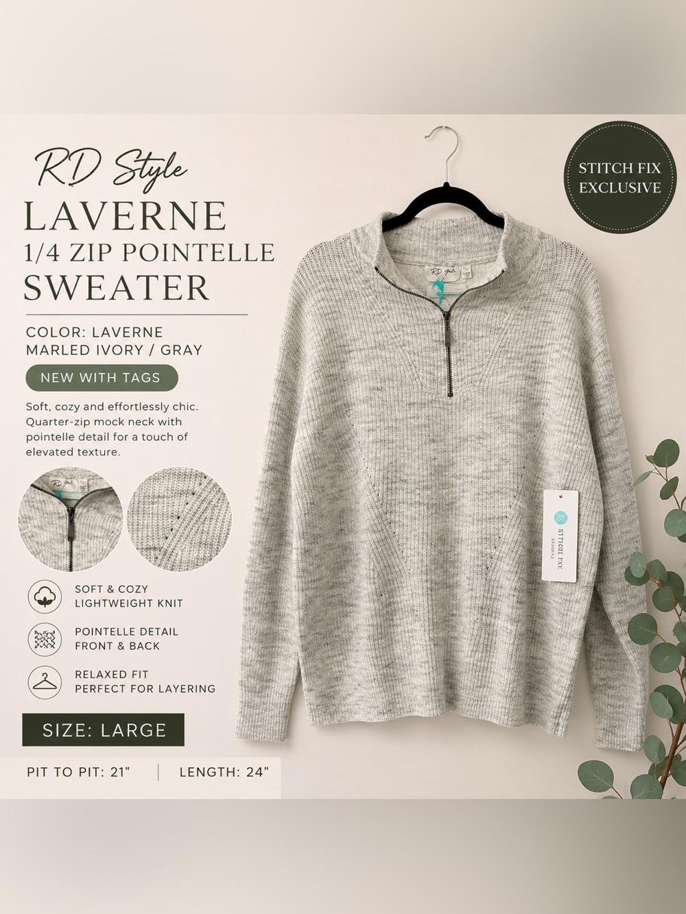 RD Style Laverne 1/4 Zip Pointelle Sweater NWT Large